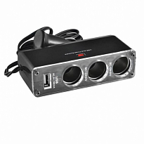 Разветвитель прикуривателя 3 гнезда + USB  SKYWAY Черный, предохранитель 5А, USB 1A S02301008